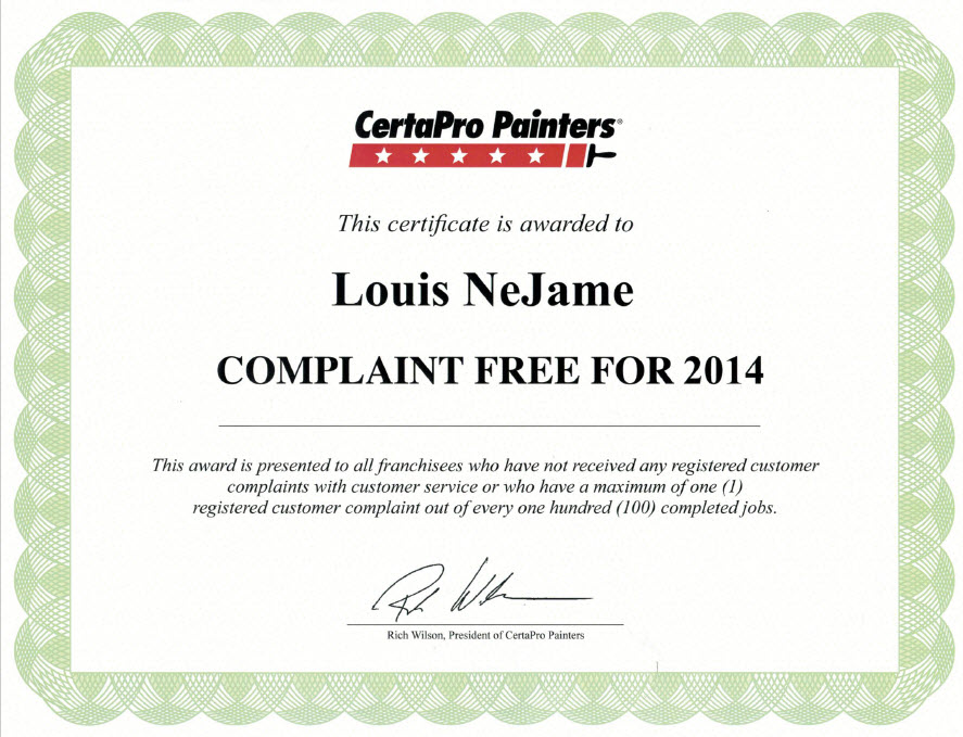 CertaPro Painters is recognized for being Complaint Free for 2014